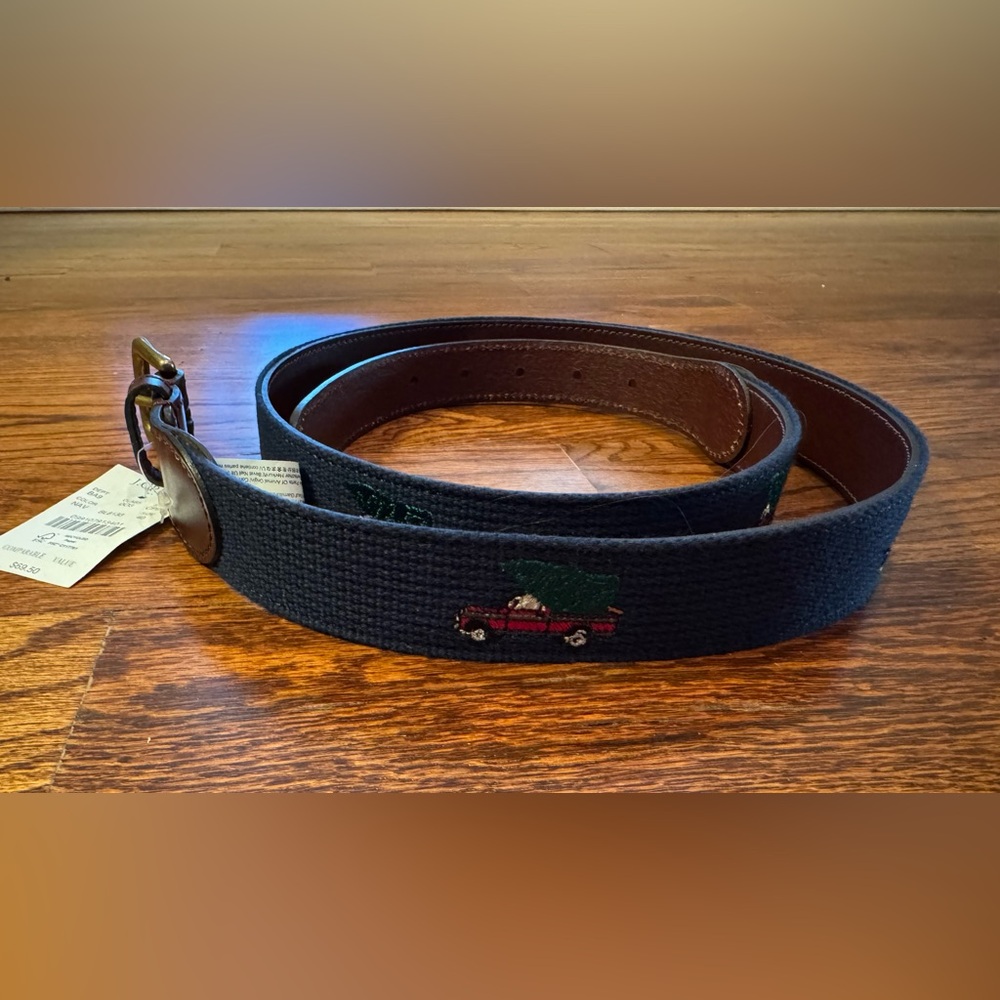 NWT J Crew Belt - Christmas Truck and Tree Embroidered/Leather back - Size 40 - Picture 2 of 13